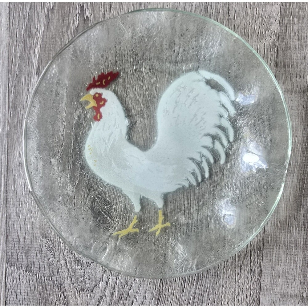 Fused Art Glass Plate Scalloped Edge White Rooster Chicken Vintage